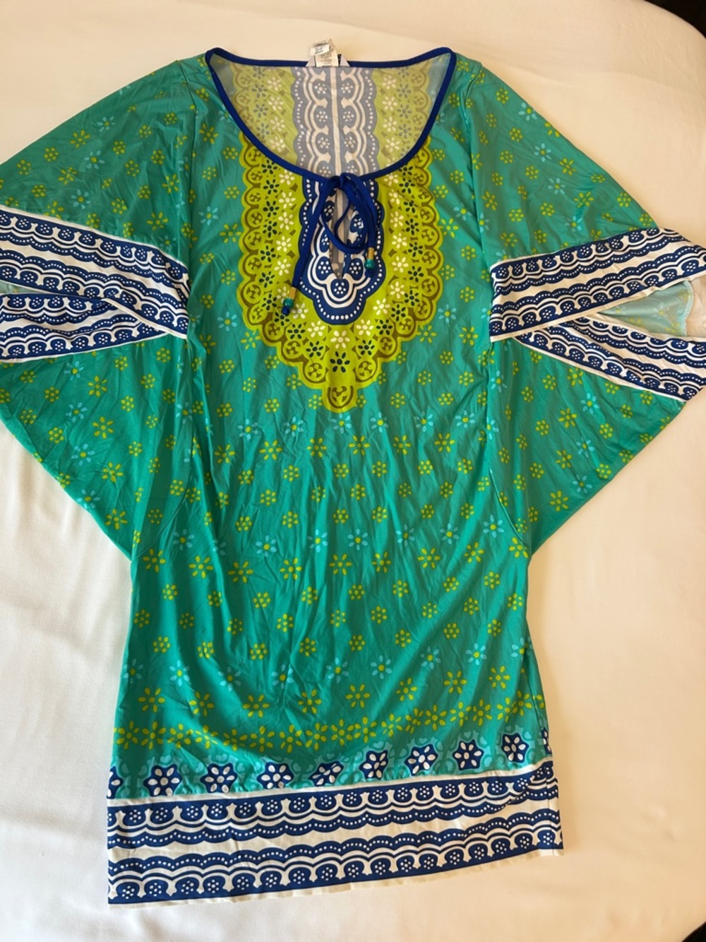 Trina Turk Tealr & Lime Embroidered-Style Tie-Neck Tunic Beach Cover Up Dress M